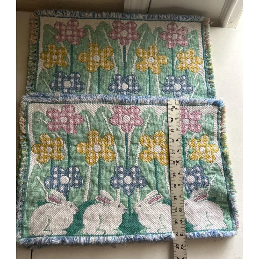 Park B Smith 6 Multicolored Woven Bunny & Flower Pattern Cotton Placemats Easter